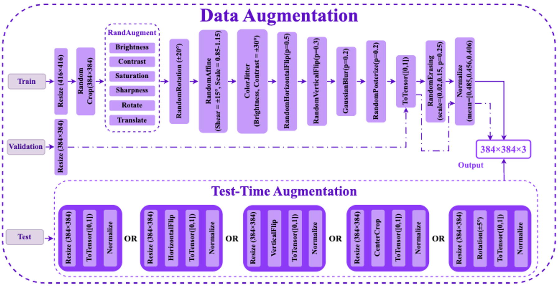 Training, validation, and TTA augmentation pipelines.