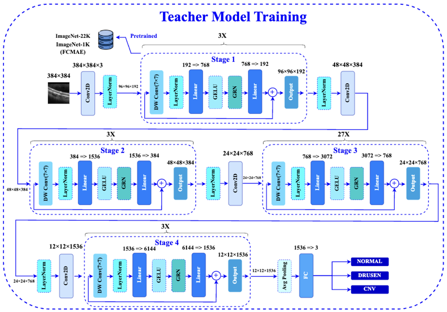 Teacher model training overview with focal loss and SWA.